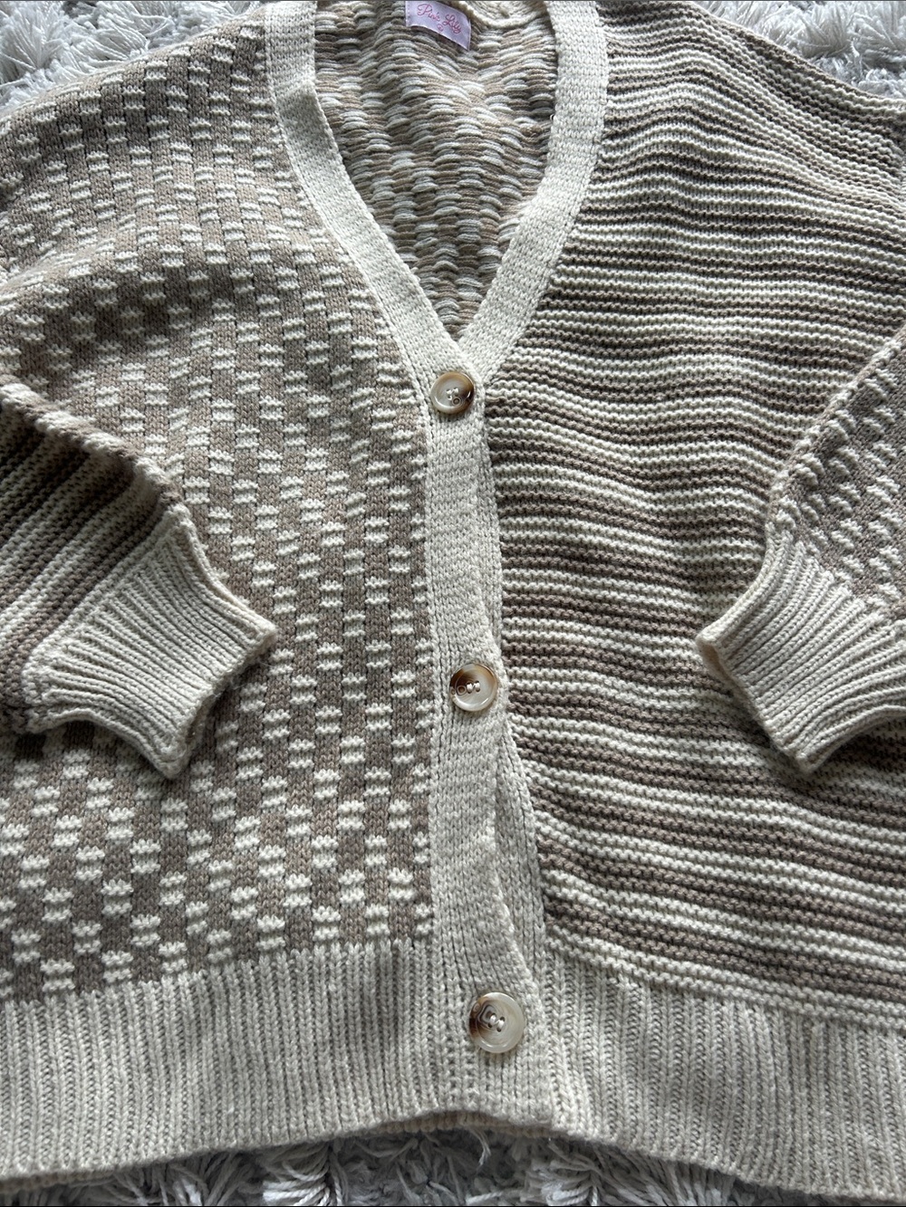 Pink Lily Cream & Taupe Mixed-Stitch V-Neck Button Cardigan - Picture 3 of 6